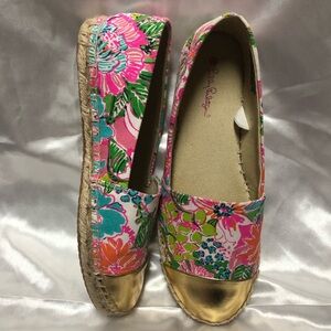 LILLI PULITZER TARGET Floral Espadrille Flats with Gold Toe.Size 8 Slide Slip On